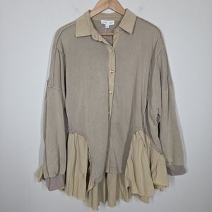 NWT She + Sky Tan Button Up Mixed Media High Low Tunic Top Boho Preppy Medium